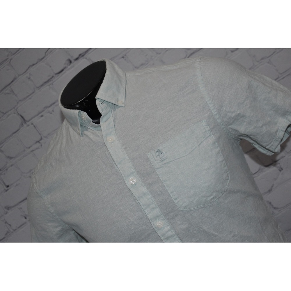 Original Penguin Button Down Shirt Mens Small Seafoam Blue Linen Blend Hawaiian